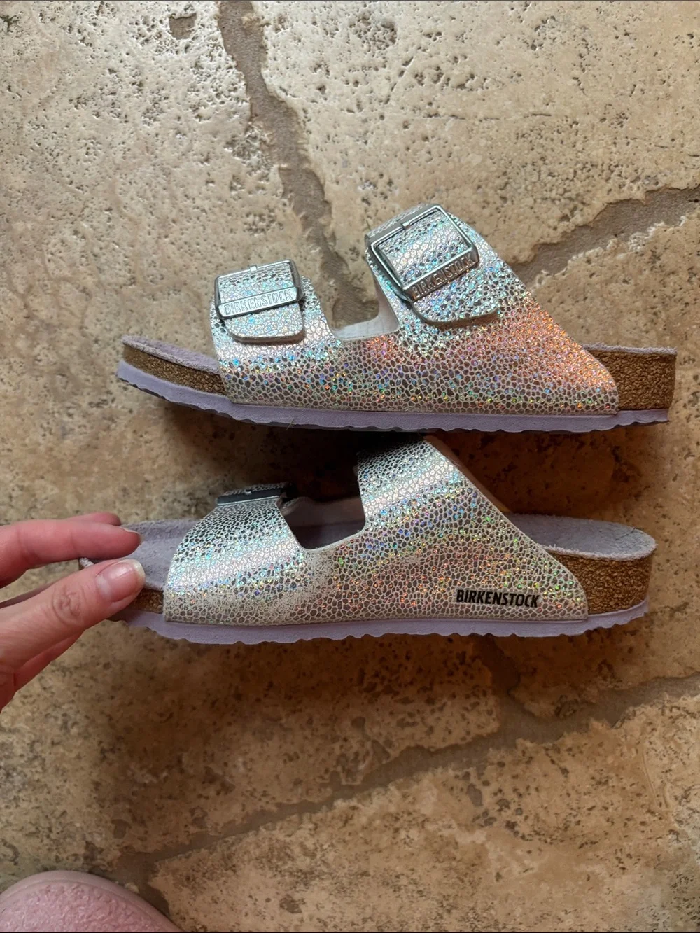 Birkenstock Kids Iridescent Silver Double-Buckle Sandals in size 33